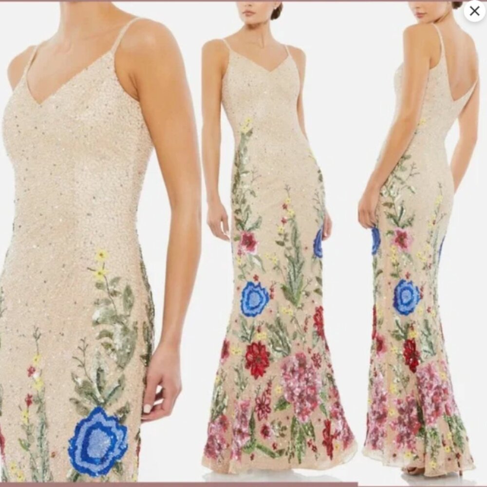 MAC DUGGAL 5475 FLORAL EMBELLISHED SPAGHETTI STRAP NUDE MULTI GOWN sz 10